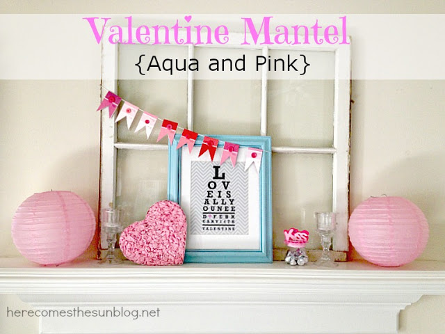 Aqua and Pink Valentine Mantel from herecomesthesunblog.net #valentine #mantel