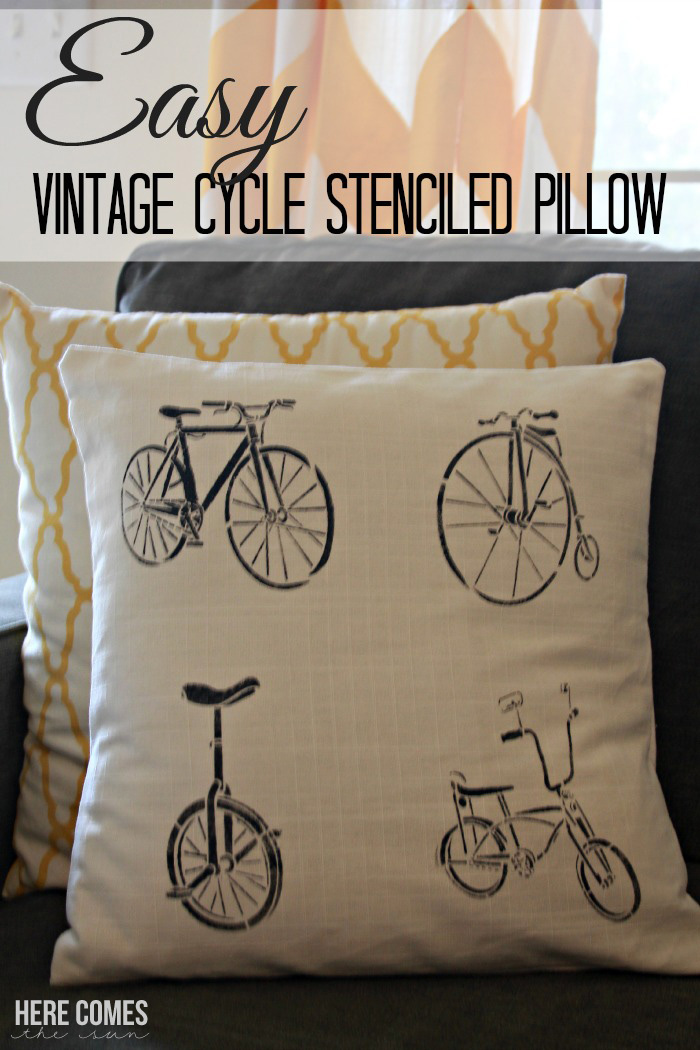 Create this easy vintage cycle stenciled pillow in less than 30 minutes! #plaidcrafts