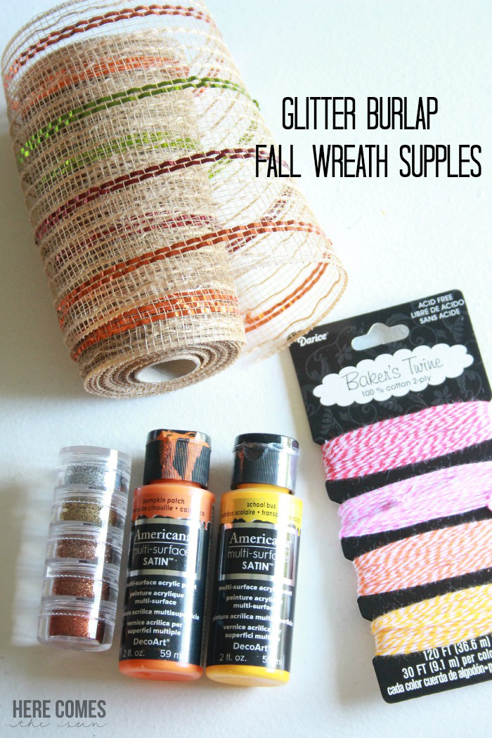 Create this Glitter Burlap Fall Wreath in 20 minutes and a few basic supplies!  Instant bling for your front door!