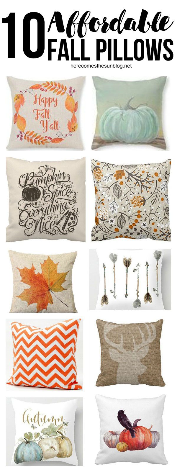 All of these beautiful Fall pillows are under $15! An amazing list of pillow decor from Here Comes the Sun