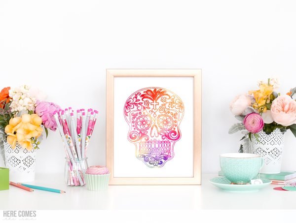 Download this Day of the Dead sugar skull print to create your own colorful decor. Comes in a watercolor and coloring page version.