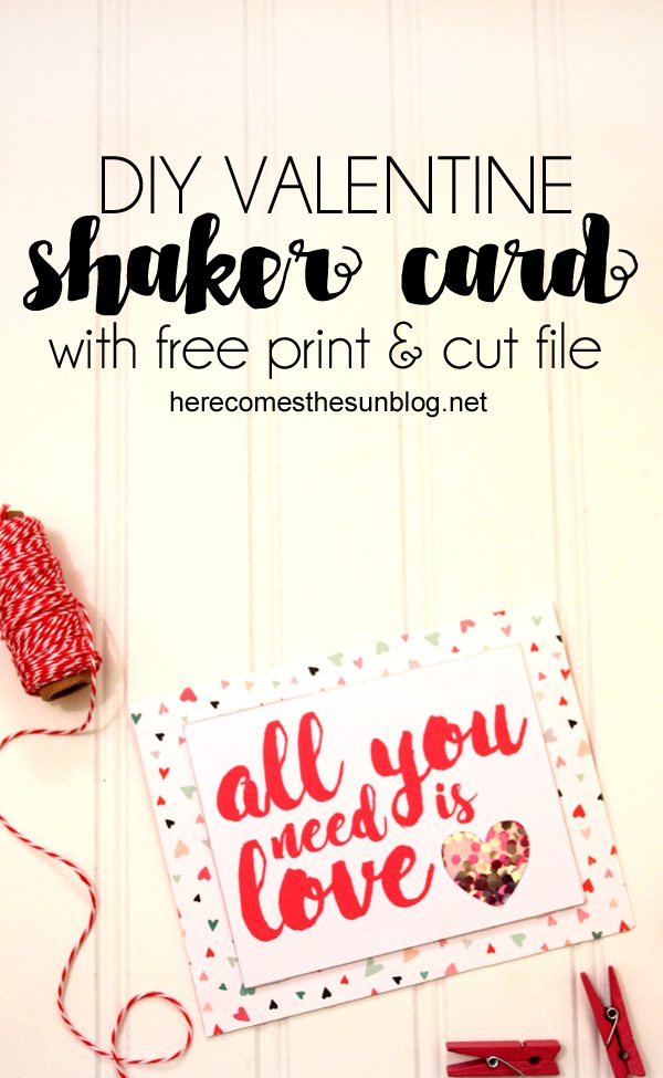This valentine shaker card is easy to make with this free cut file. I love making valentine crafts. I don’t know what it is about all the red and pink but it puts me in a good mood. Shaker cards are so much fun. It’s like a little surprise in every card. Making a valentine shaker card is really easy and I’ve even got a free cut file that you can use. This post contains affiliate links. You can read my disclosure policy here. HOW TO MAKE A VALENTINE SHAKER CARD SUPPLIES Cardstock Patterned paper Silhouette or Cricut Paper cutter or scissors Glitter Adhesive Dimensional mounting tape Free cut file Acetate DIRECTIONS Decide what size you want your card. I made mine ?//. Cut your cardstock to that size and fold in half. Cut a piece of pattern paper to fit onto the front of your card Download the print and cut file. Print it on your printer and then cut it out with your Silhouette or Cricut. For an in-depth print and cut tutorial, click here. Place a piece of acetate over the cut out heart shape, adhering it with adhesive. Place the dimensional mounting tape around the heart. Place glitter onto the acetate Place a second piece of cardstock onto the mounting tape. Place the entire piece onto the front of the card. If you are a more visual person, I’ve put together a short video to show you how to make the valentine shaker card. By using the print and cut file, you can make a lot of these cards very quickly. LOVE IT? PIN IT! For more Valentine cards, check out these posts: Hand stamped valentine card Click here for all my valentine posts