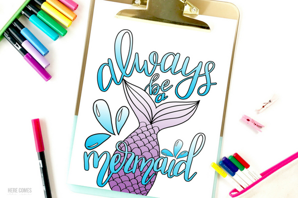 hand lettered mermaid coloring page